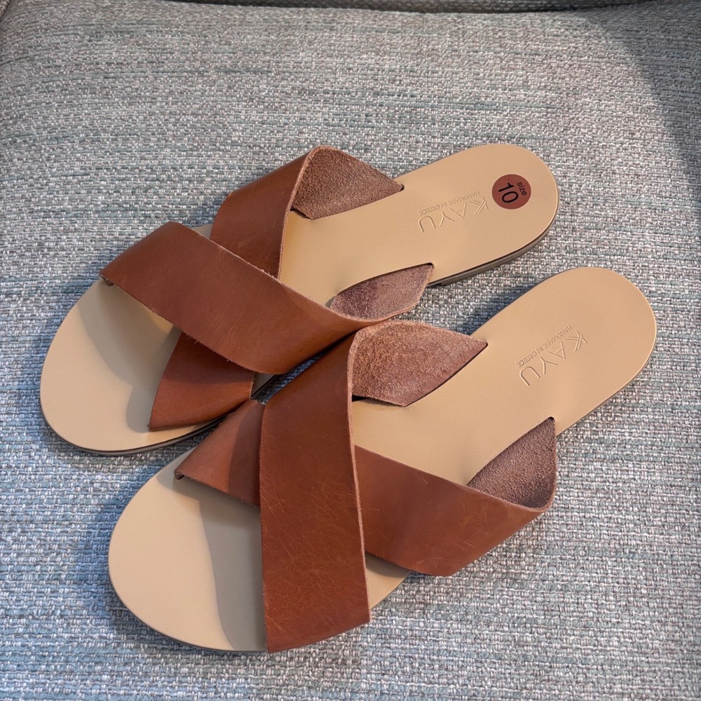 KAYU Handmade in Greece Leather Crisscross Slide Sandals Brown Womens 10 EU 41